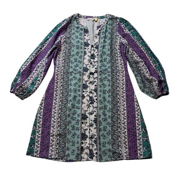 LOFT Floral Stripe Mini Dress Women's 8 Petite Purple Green Long Sleeve Boho - Picture 1 of 9